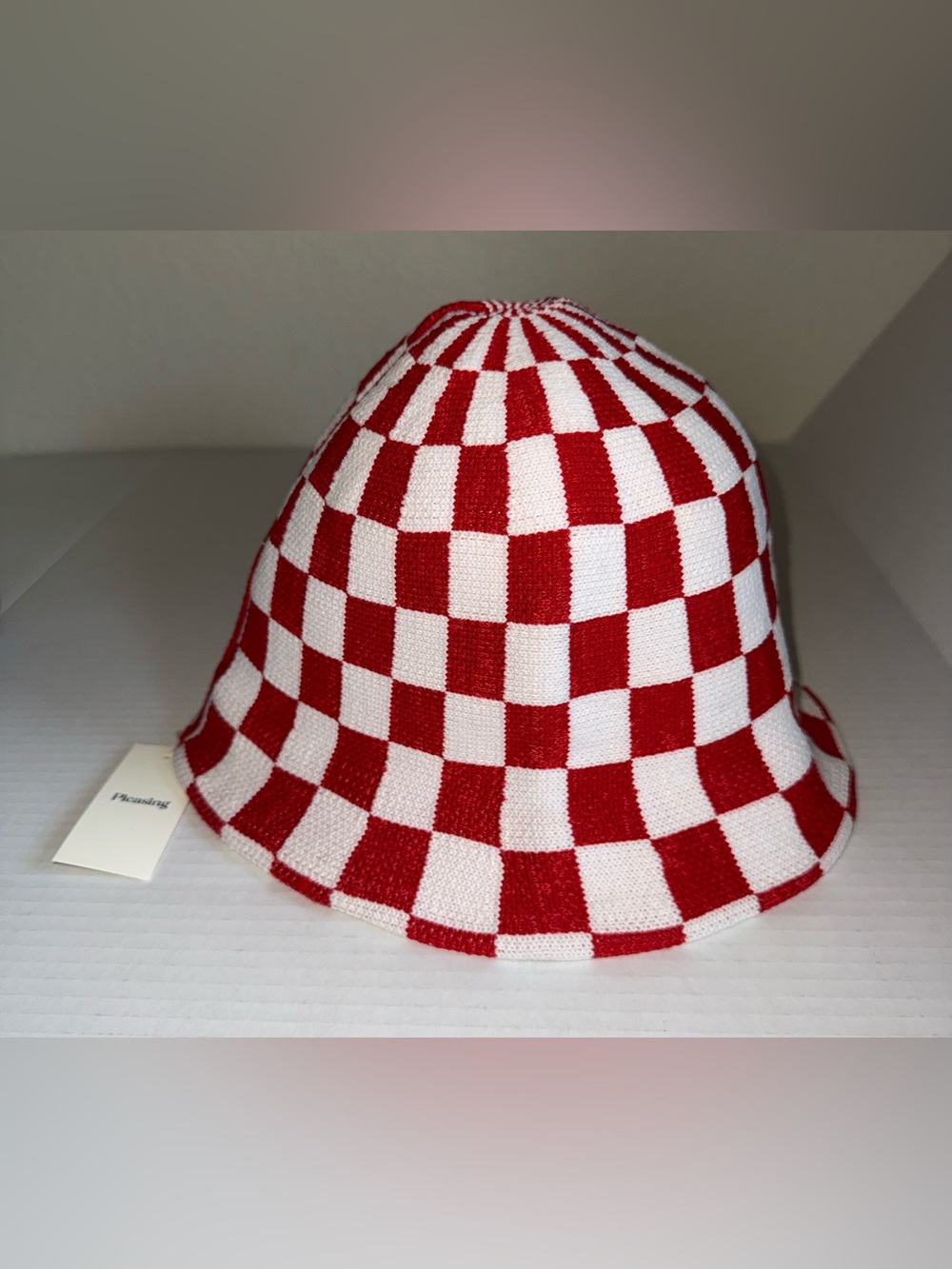 NWT PLEASING Red White Checkered Astro Milk Man Funky Knit Bucket Hat Unisex Y2K